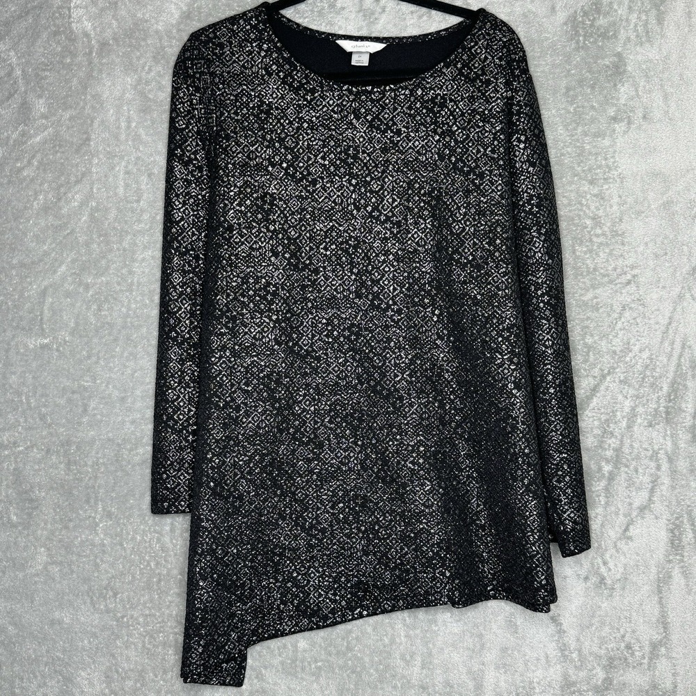 CJ Banks 2X Top Shirt Black Geometric Long Sleeve Round Neck Metallic Stretch